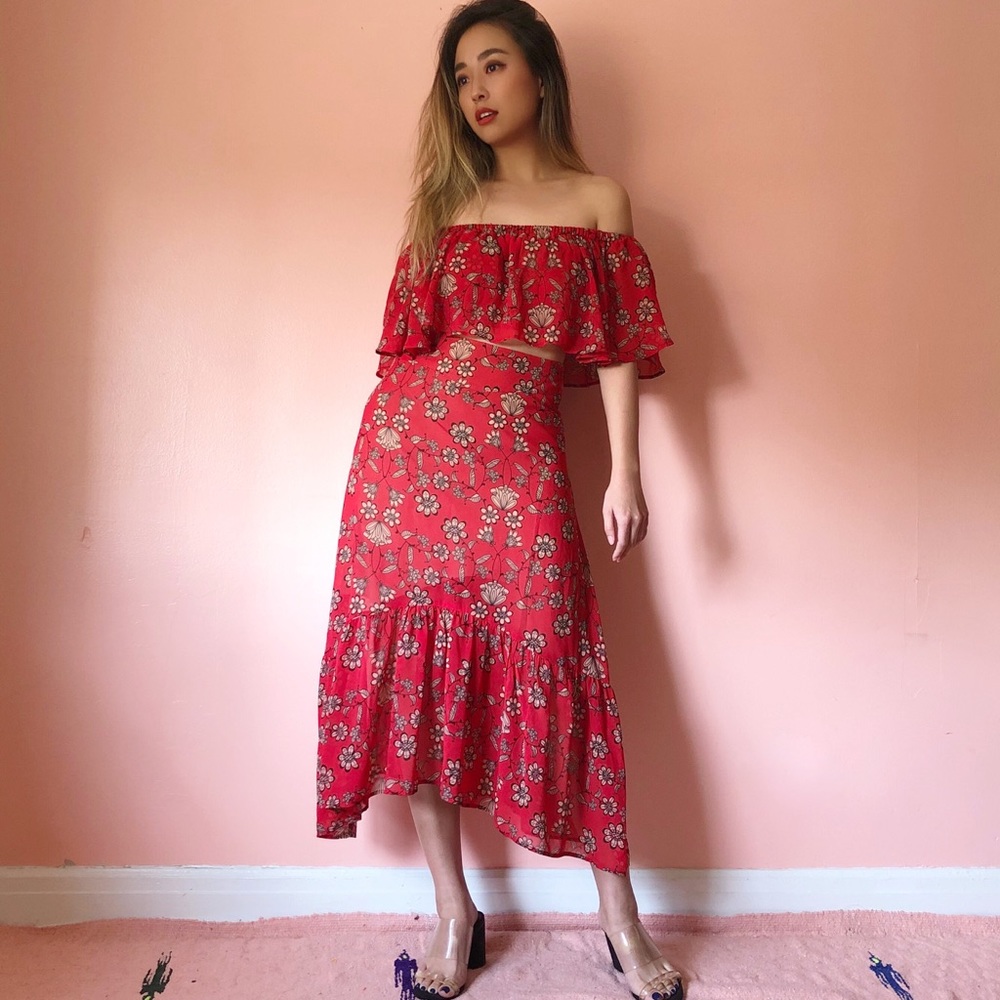 For Love & Lemons Red Floral Midi Set